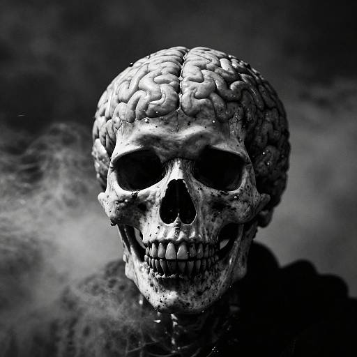 Photorealistic, black-and-white image of a detailed skull with visible brain texture, surrounded by eerie smoke, creating a haunting, ghostly effect.