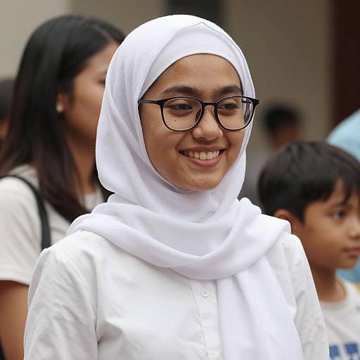 Photograph of a smiling young girl with light brown skin, wearing a white hijab and glasses, standing in front of blurred background of other children in