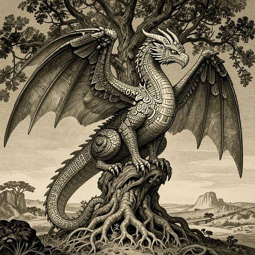 Intricate black-and-white illustration of a mythical dragon with ornate scales and wings, perched on a twisted tree, in a detailed landscape.