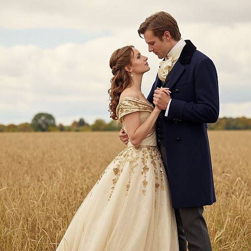 Photograph of a couple in a wheat field, wearing formal wedding attire; bride in off-shoulder white gown, groom in black jacket and tie
