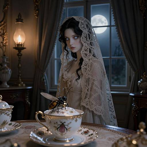 Gothic-style digital painting of a pale woman with dark curly hair, lace veil, and Victorian dress, standing in moonlit room, near orn