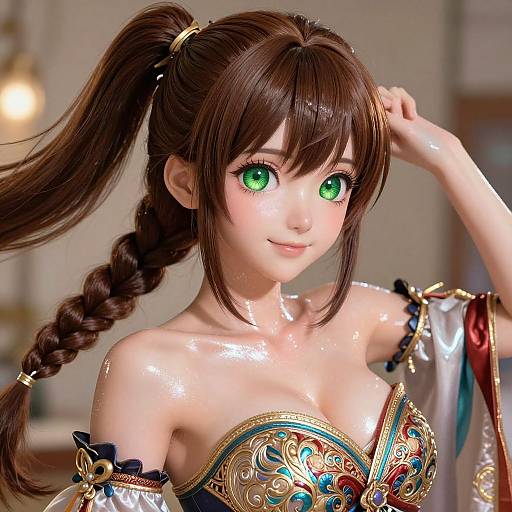 Digital anime-style portrait of a beautiful, green-eyed girl with dark brown hair in a ponytail, wearing an elaborate, shiny, off-shoulder