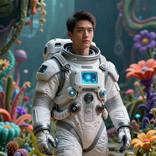 Digital artwork of an Asian man in a white, futuristic astronaut suit with blue lights, standing in a vibrant, alien underwater garden.