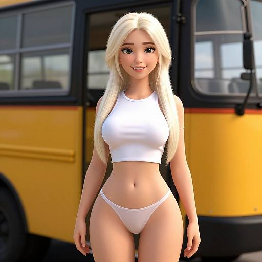 Digital art of a smiling blonde woman with large eyes, wearing a white crop top and panties, standing in front of a yellow school bus.