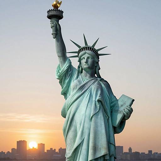 Photograph of the Statue of Liberty with a raised torch, holding a paper, against a sunset sky with city skyline.