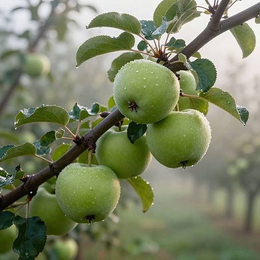 Photograph of green apples on a branch, covered in dewdrops, with blurred, misty orchard background and sunlight filtering through leaves.