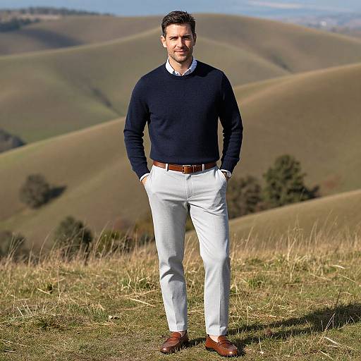 Photograph of a handsome man with short dark hair, wearing a navy sweater, white pants, brown belt, and brown shoes, standing confidently in a