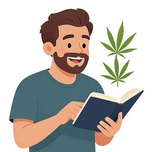 Cartoon-style illustration of a smiling, bearded man with brown hair, wearing a blue shirt, reading a book with a marijuana leaf in the background