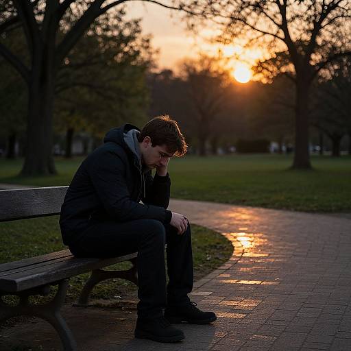 Photograph of a solitary young man in a dark jacket and pants, sitting on a park bench at sunset, head down, reflecting on a wet path