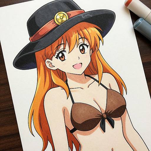 Anime-style drawing of a cute, orange-haired girl with large eyes, wearing a black hat with a gold bell and a brown bikini, smiling on white