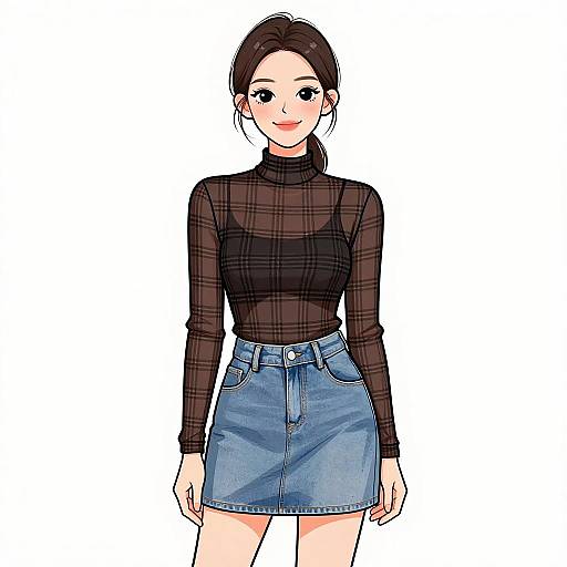 Digital anime-style drawing of a young woman with fair skin, black hair in a ponytail, wearing a black sheer long-sleeve top and blue