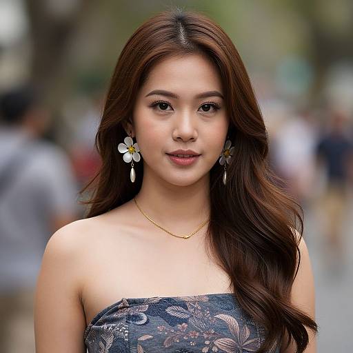 Photograph of an attractive Asian woman with long, wavy brown hair, wearing a strapless floral dress, white flower earrings, and a gold necklace