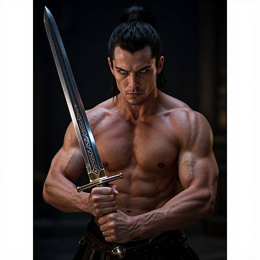 Photograph of a muscular, topless man with a topknot, holding an ornate sword, dark background, intense expression, highlighting his defined