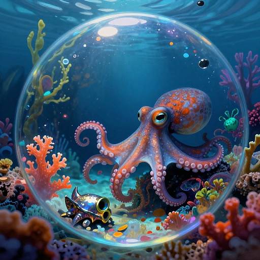 Digital artwork: Colorful underwater scene with a pink octopus, black-and-yellow fish, and vibrant coral inside a clear glass bubble.