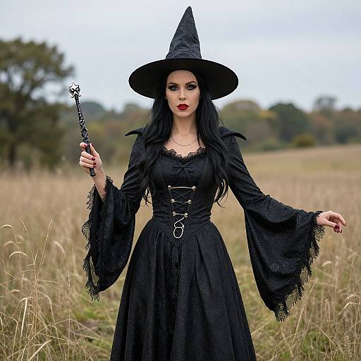 Photograph of a pale-skinned woman with black hair, wearing a black witch hat and dress, holding a silver wand, standing in a grassy
