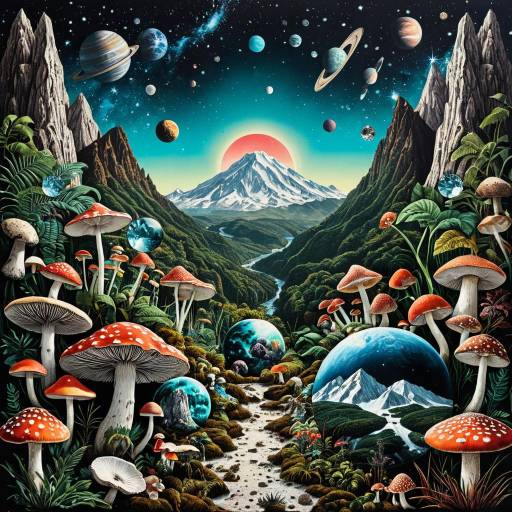 Surreal Psychedelic Landscape with Mushrooms and Planets Surreal Psychedelic Landscape with Mushrooms and Planets