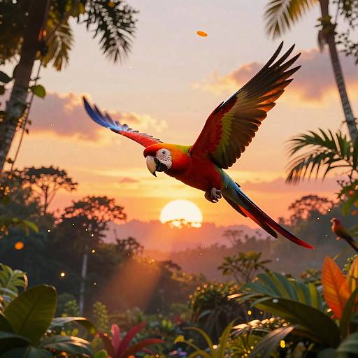 Scarlet Macaw Soaring at Sunset