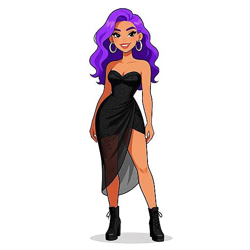Digital illustration of a smiling woman with vibrant purple hair, wearing a strapless black dress with a high slit, black ankle boots, and large hoop earrings