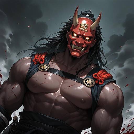 Dark Samurai with Oni Mask and Glowing Eyes