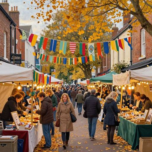 Photograph of a bustling autumn outdoor market with colorful flags, people in coats, and illuminated stalls under vibrant fall foliage.