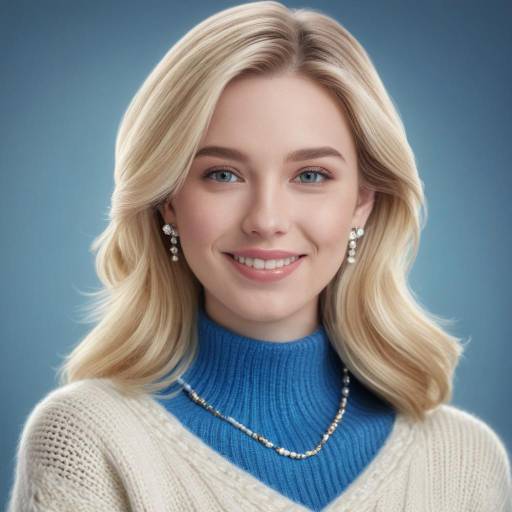 Smiling Blonde Woman in Blue Sweater with Jewelry