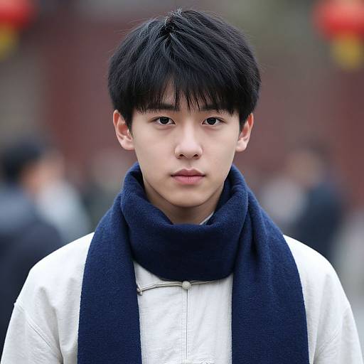 Photograph of an Asian teenage boy with short black hair, wearing a white jacket and dark blue scarf, standing outdoors with a blurred, red-lan