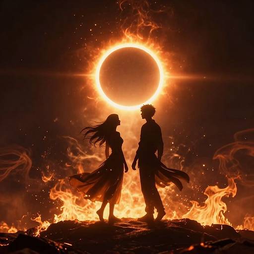 Figures at Fiery Abyss Under Eclipse
