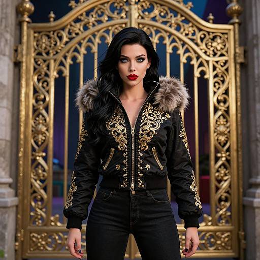 Photorealistic CGI of a confident, dark-haired woman with red lipstick, wearing a black, gold-embroidered jacket with fur trim, standing