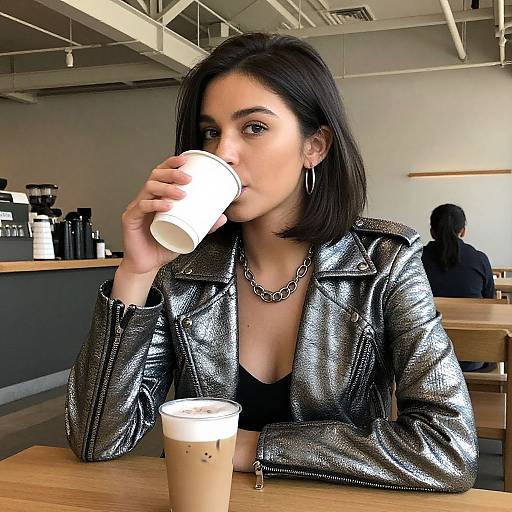 Photograph of a woman with dark hair, wearing a shiny black leather jacket and chain necklace, sipping a coffee at a modern café.