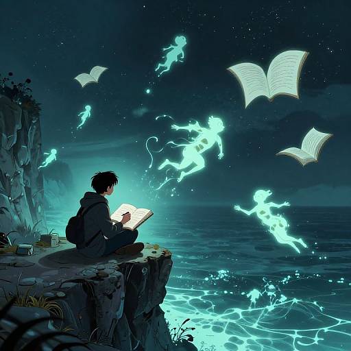 Digital anime-style illustration: Silhouetted boy with backpack on cliff, reading glowing book, surrounded by ethereal blue spirits and floating books under a