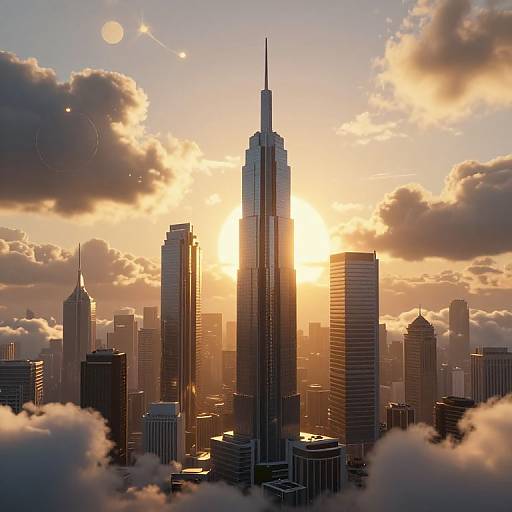 Photograph of a city skyline at sunset, featuring the One World Trade Center prominently, with golden sunlight, clouds, and skyscrapers.