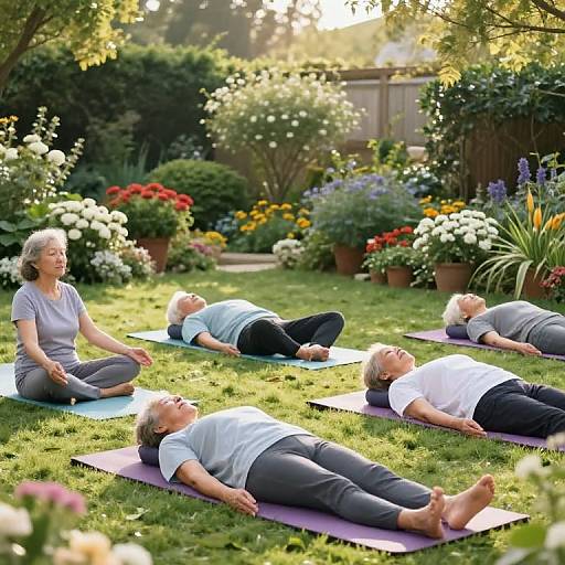 Photograph of three elderly women in a sunlit garden, practicing yoga in a relaxed, lying position on purple mats, surrounded by vibrant flowers and green