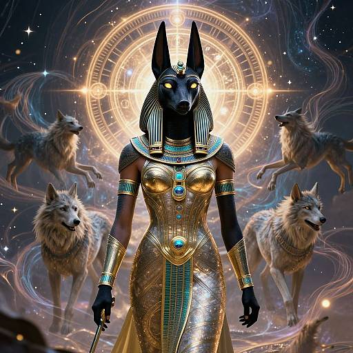 Digital artwork of an anthropomorphic black jackal-headed figure in an Egyptian-style gold and turquoise dress, surrounded by four wolves under a celestial, glowing circular