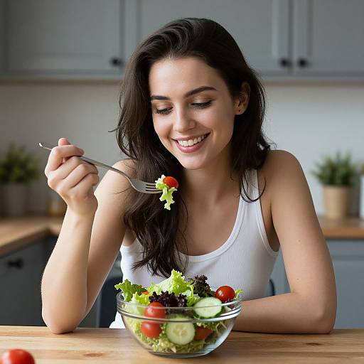 Photograph of smiling young woman with long dark hair, wearing white tank top, eating salad with fork in bright kitchen.
