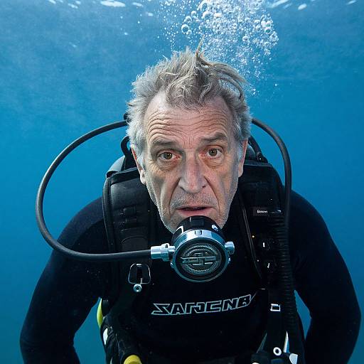 Photograph of an older white man with gray hair, wearing a black wetsuit and scuba gear, underwater, looking directly at the camera with