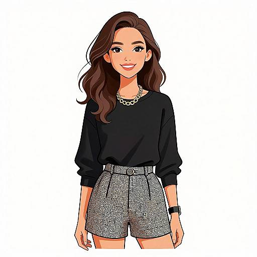Digital illustration of a smiling young woman with long brown hair, wearing a black long-sleeve top and black-and-white patterned high-waist