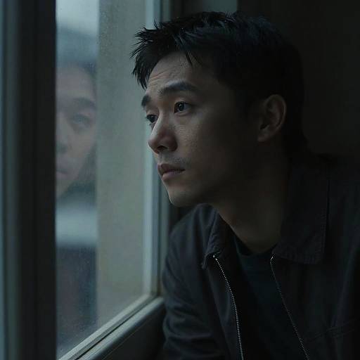 Photograph of a young Asian man with short, messy black hair, gazing out a rainy window, wearing a dark jacket, in a dimly