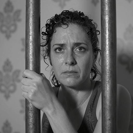 Worried Woman Holding Metal Bars in Black and White