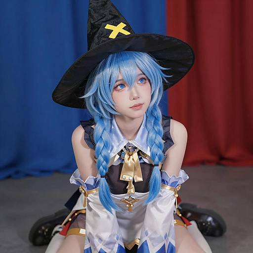 Photograph of a young woman with blue hair in a witch costume, black hat with yellow cross, white and black outfit, kneeling against blue and red