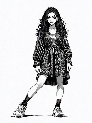 Stylish Woman in Houndstooth Coat and Sneakers