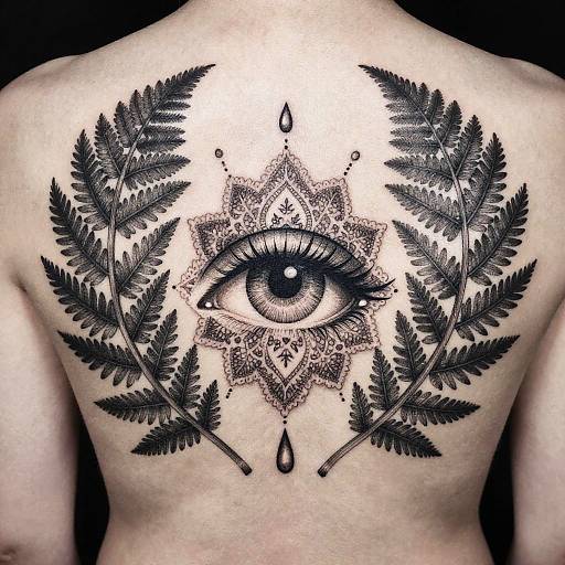 Symmetrical Eye Tattoo with Lace and Fern
