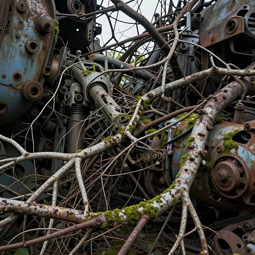 Photograph of rusted, tangled industrial machinery with moss-covered branches, creating a contrast between nature and decay, in a dense, chaotic composition.