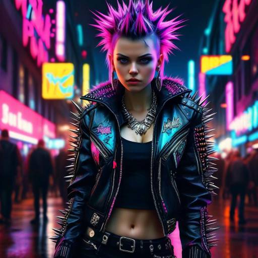 Punk Woman with Neon Hair and Spiked Leather Jacket