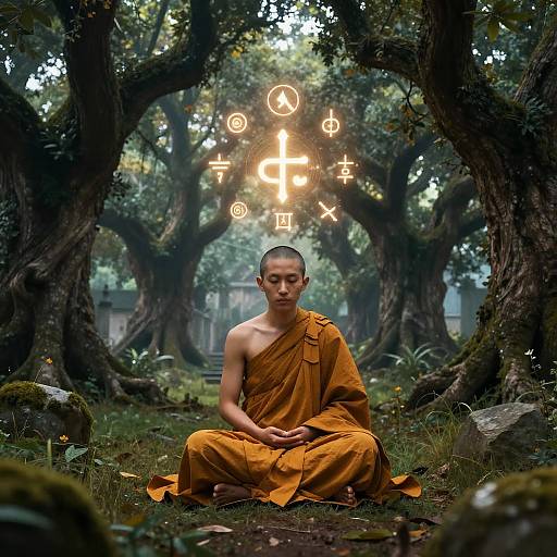 Photograph of a bald, serene Buddhist monk in orange robes, sitting cross-legged in a misty, forested grove with glowing symbolic icons floating