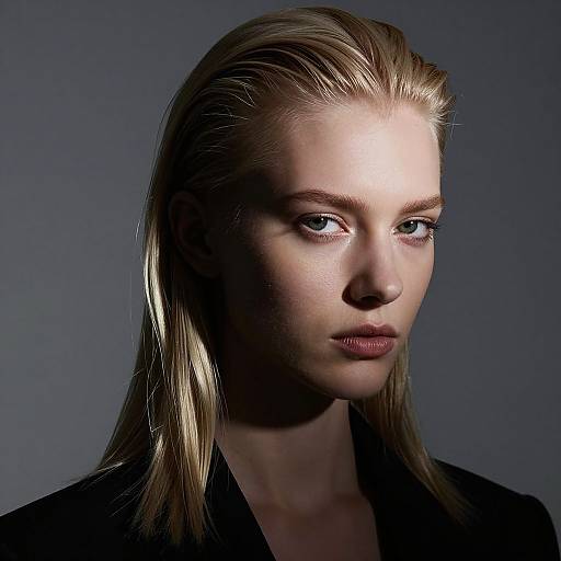 Photographic portrait of a serious, fair-skinned woman with sleek, blonde hair, blue eyes, and dark lipstick, illuminated against a dark gray background