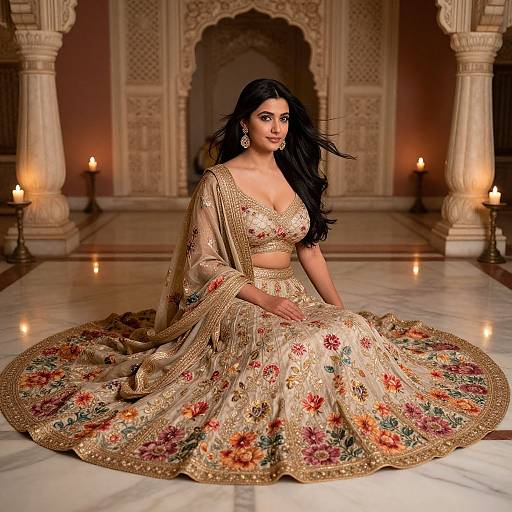 Photograph of a beautiful South Asian woman with long black hair, wearing an ornate gold and floral lehenga, seated in an opulent, candle
