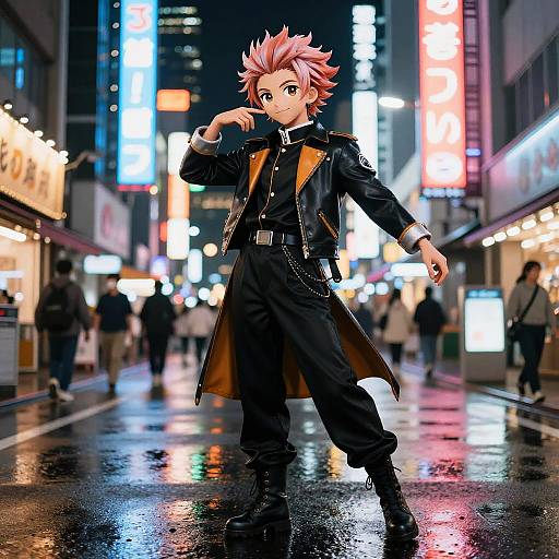 Anime-style drawing of a pink-haired, spiky-haired boy in a black leather jacket and long coat, walking on a neon-lit, rainy city