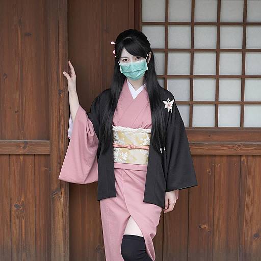 Traditional Japanese Woman Against Wooden Wall