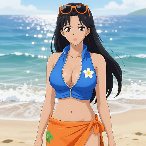 Digital anime-style illustration of a black-haired woman with large breasts, wearing a blue zip-up bikini top with a flower, orange sarong, and orange
