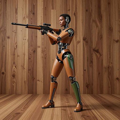 Photograph of a female humanoid robot with brown and green metallic joints, standing in a wooden-paneled room, aiming a rifle.